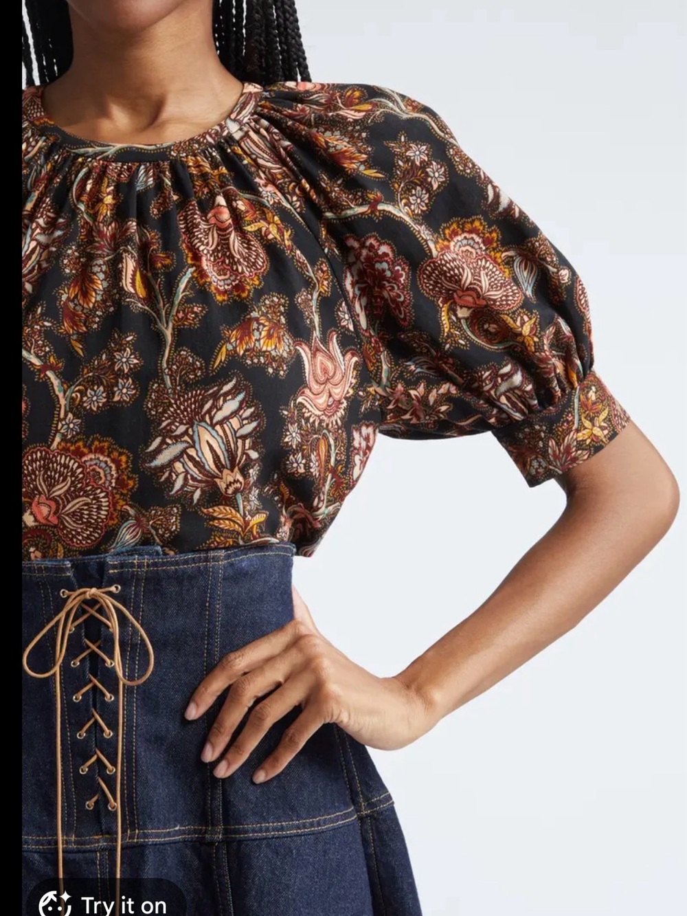 Ulla Johnson Black Floral Puff-Sleeve Blouse with Autumn Print Size 6